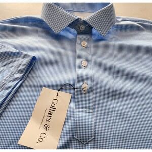 Collars & Co Polo Shirt Men Size XL Tall Blue Houndstooth Semi Spread Travel XLT